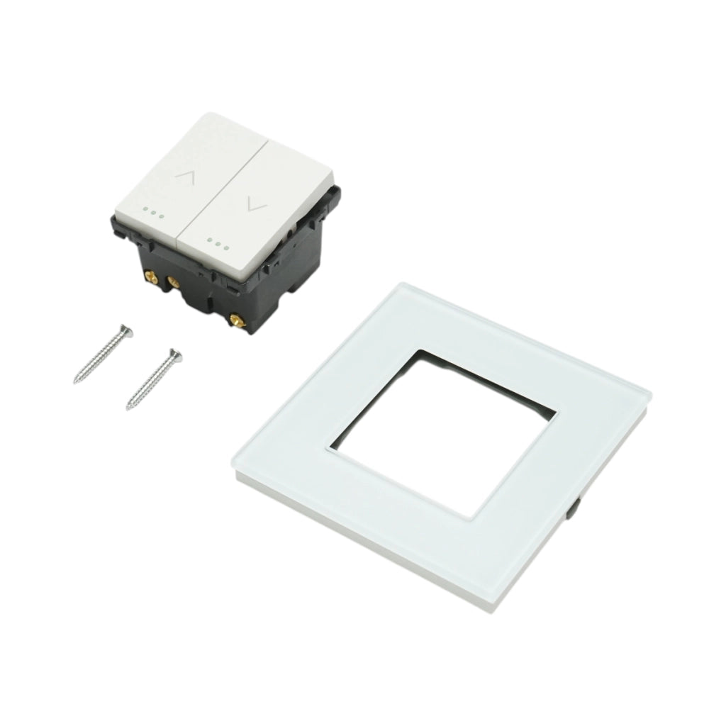 Interruttore doppio per tapparelle bianche da incasso 220V, 16AX, spia luminosa, cornice in vetro 86x86x34mm