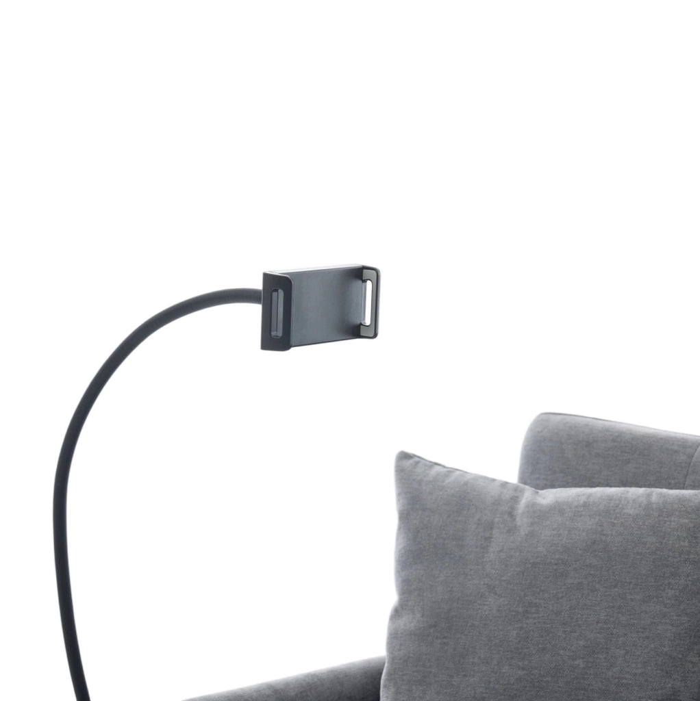 Divano imbottito grigio con porta USB e supporto tablet HOMVRA