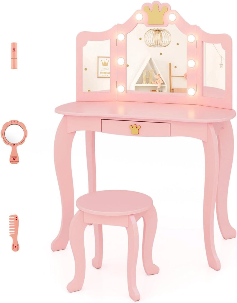 Set Toeletta Trucco per Bambina con Sgabello, Tavolo Trucco Triplo Specchio Staccabile con Luci LED a 3 Colori, Postazione Trucco con Cassetto e Accessori, per Bambine 3-7 Anni (Rosa)