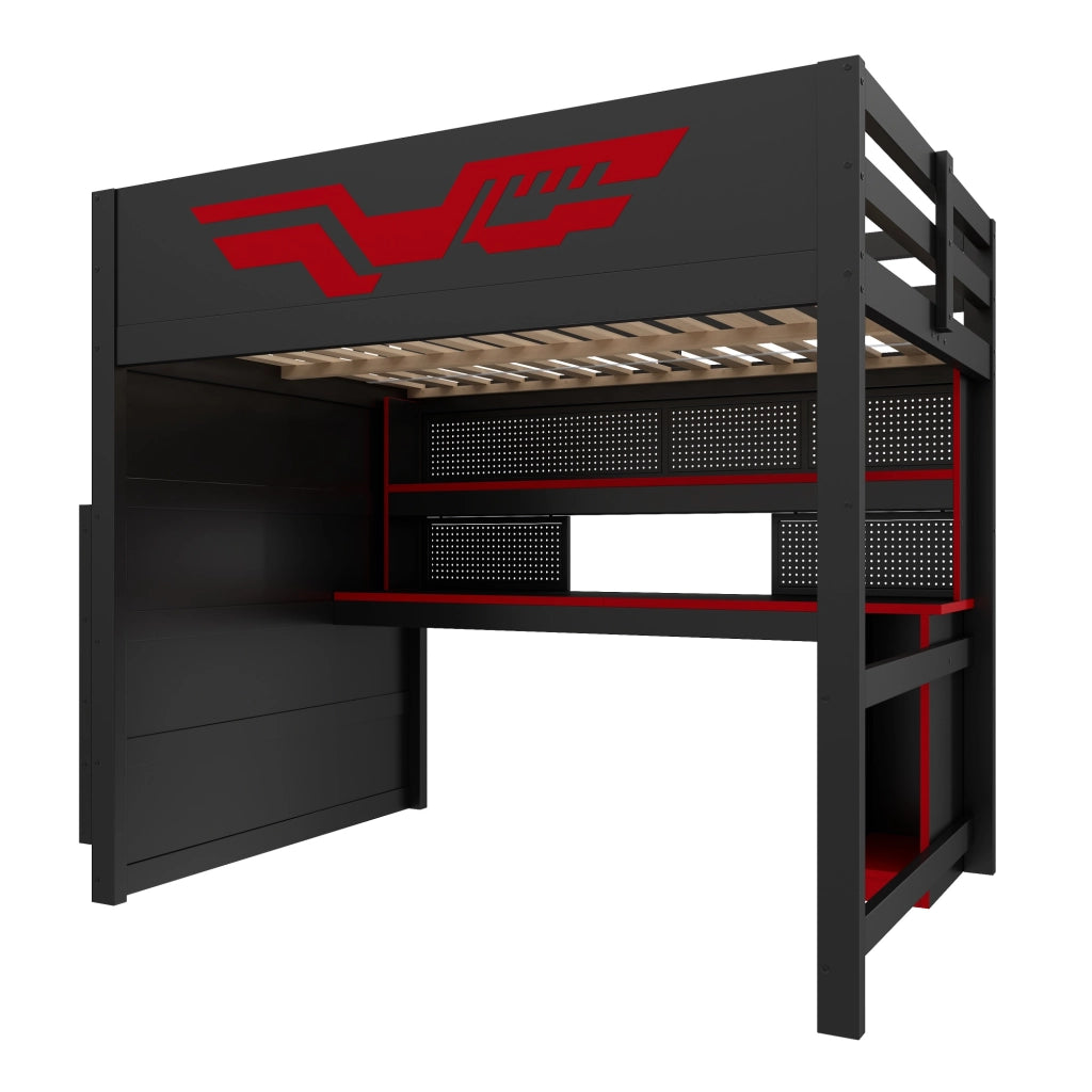 Letto a soppalco da gaming 140x200 nero e rosso con scrivania integrata e scale contenitore