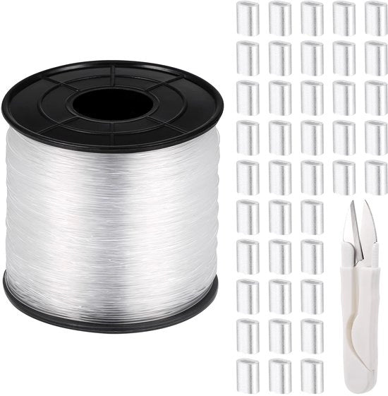 Cavo in nylon trasparente 0,6 mm - 200 m - con chiusura a clip in alluminio - con forbici - cavo in nylon trasparente