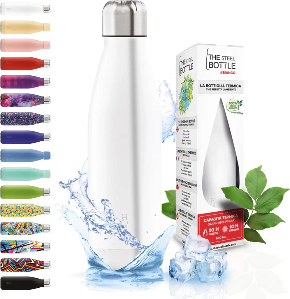 The Steel Bottle Bottiglia termica in Acciaio Inox Capacità 500 ml Chiusura Ermetica - Bianco