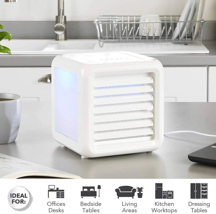 Mini climatizzatore portatile USB 7W con serbatoio 700 ml, 3 velocità e luci LED 7 colori, raffrescatore aria personale - Sogo