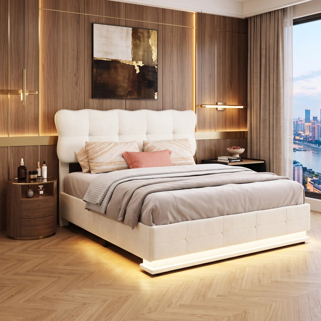 Letto matrimoniale 140x200 cm con contenitore,testiera regolabile e illuminazione LED struttura letto matrimoniale in metallo legno e velluto - beige