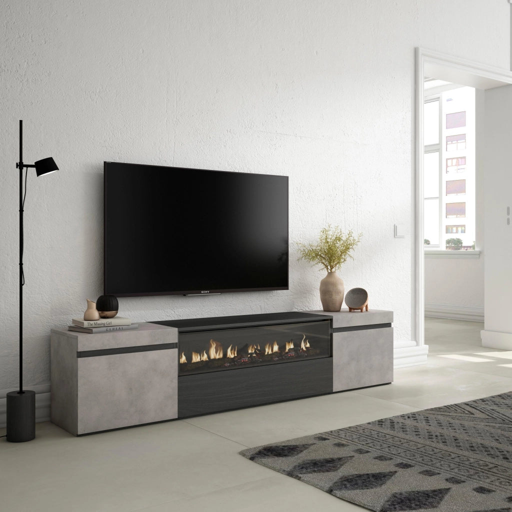 Mobile TV, 200x35x45cm, soggiorno, Per TV fino a 80", Camino elettrico, grigio cemento RF2241
