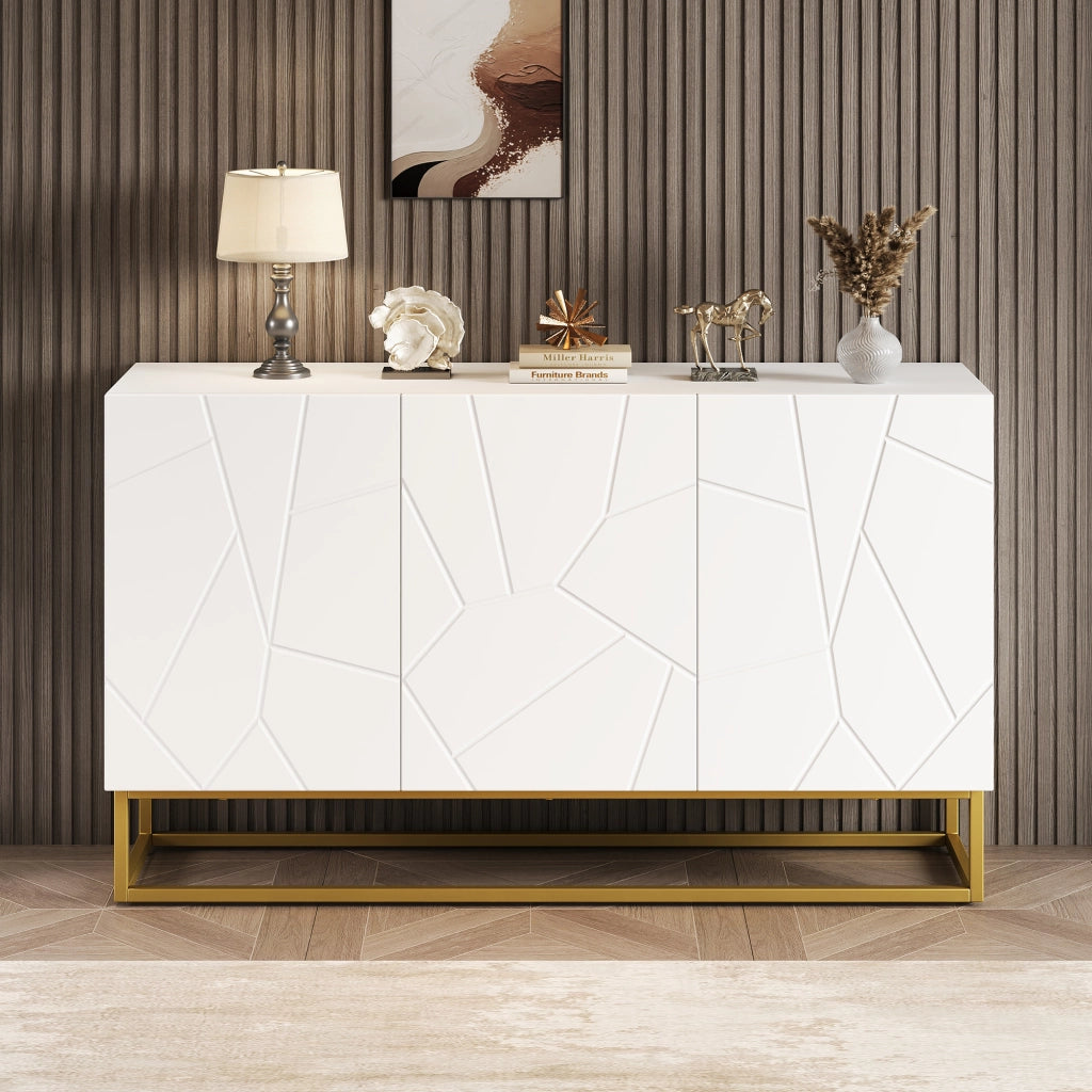 Credenza con 3 ante e ripiani regolabili, frontali lucidi, per soggiorno e ingresso, 130 × 35 × 76 cm, bianco e oro