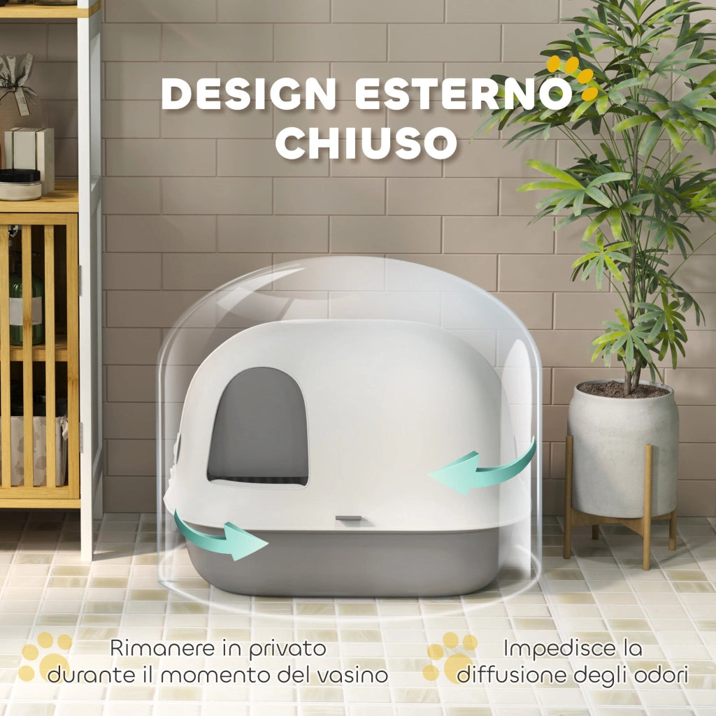 Lettiera per Gatti Chiusa 58x46x39 cm con Gattaiola e Paletta in PP Grigio Chiaro e Bianco