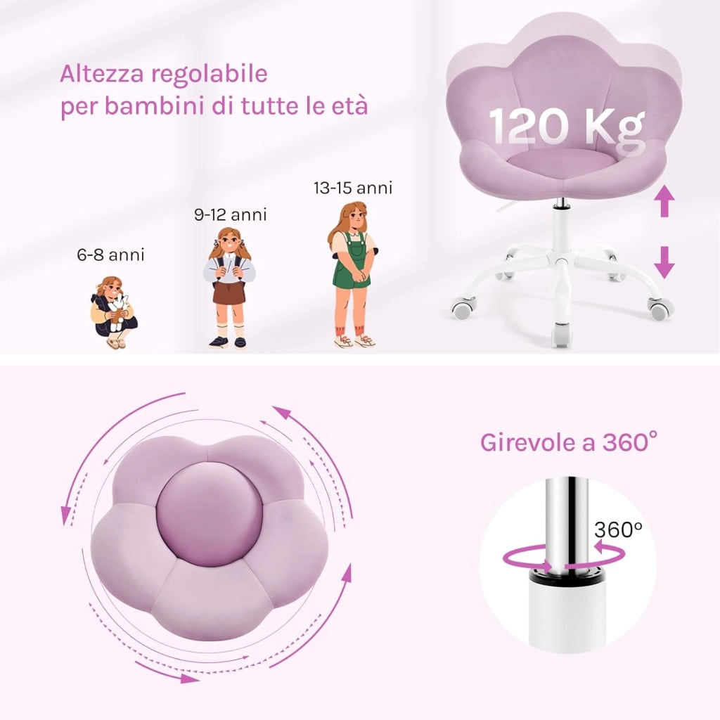 Sedia da Scrivania per Bambini, Sedia Ufficio Ergonomica Girevole e Regolabile in Altezza con Rotelle, Seduta a Forma di Fiore per Studio, Camera da Letto, Velluto, Viola Pastello