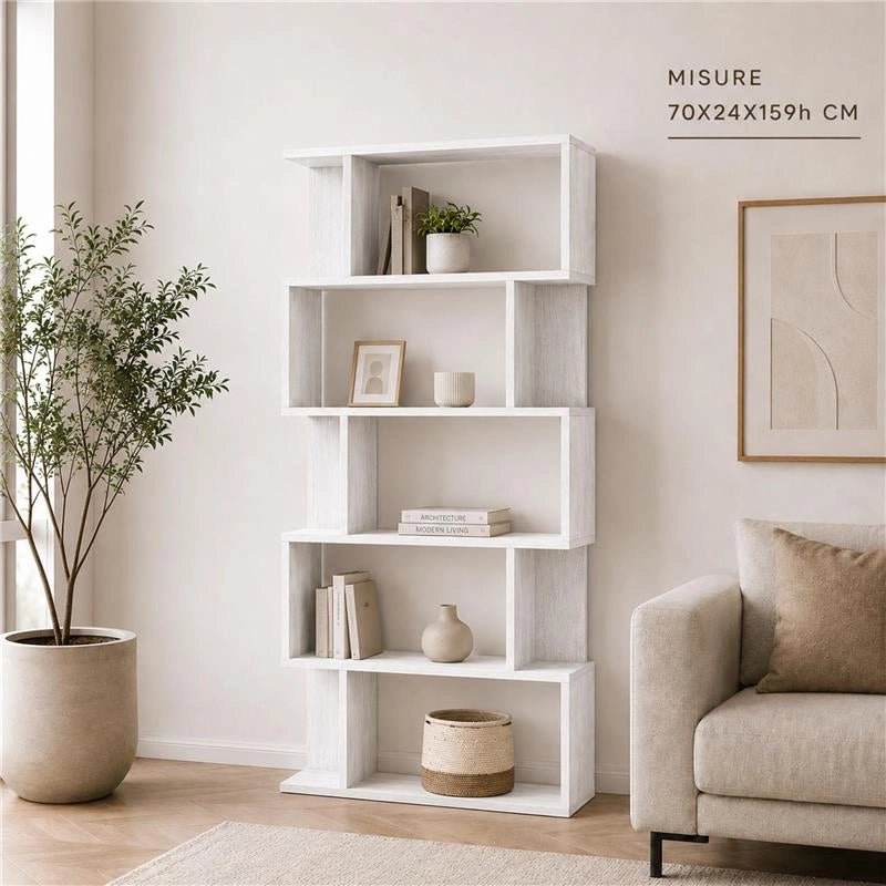 LIBRERIA CUBICA IN LEGNO BIANCO MODERNA CON CINQUE RIPIANI SFALSATI DIMENSIONI 70X24X159 CM