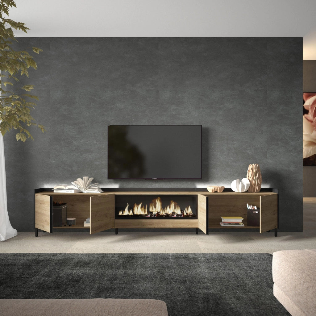 Mobile TV Soggiorno, 315x61x35 cm, Per TV fino a 80", Camino elettrico XXL, Design industriale, LED, Rovere e nero