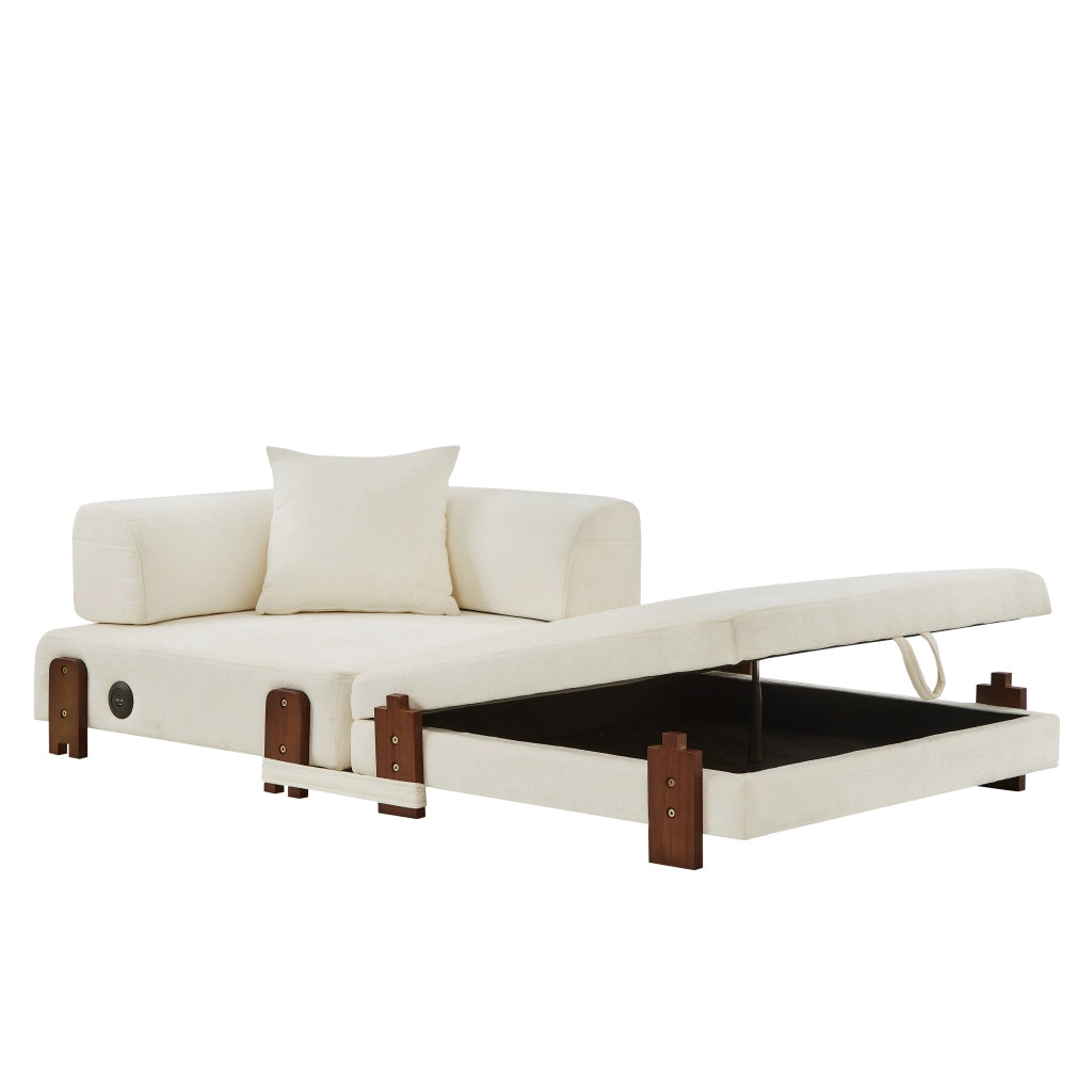Divano letto con funzione letto, porte USB e Type C, tasche laterali e vano portaoggetti, in tessuto beige