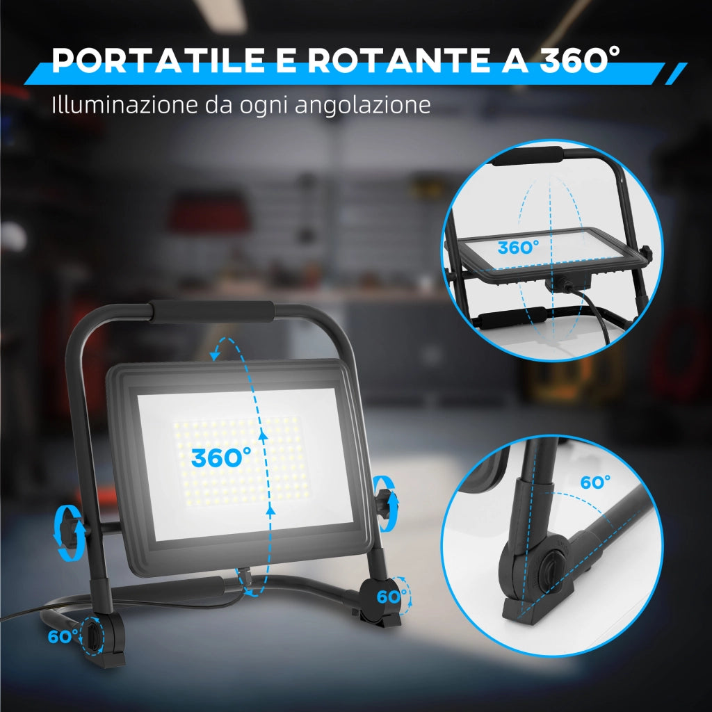 Faretto LED da Lavoro da 6500K con Testa Girevole e Supporto Regolabile, in Alluminio e Metallo, 35x20x32 cm, Nero