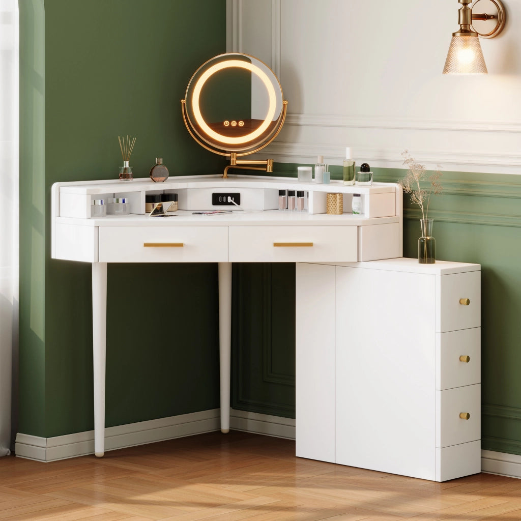 Scrivania Angolare Toeletta con Specchio LED e 5 Cassetti ¨C MINIMAL ¨C Bianco 105.5x75x120 cm