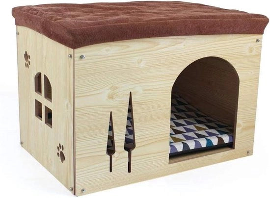 Casa in legno con cuscino rimovibile per cani e gatti 57 x 40 x 40 cm