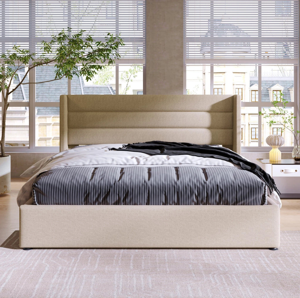 Letto imbottito contenitore idraulico 140x200 cm beige con materasso