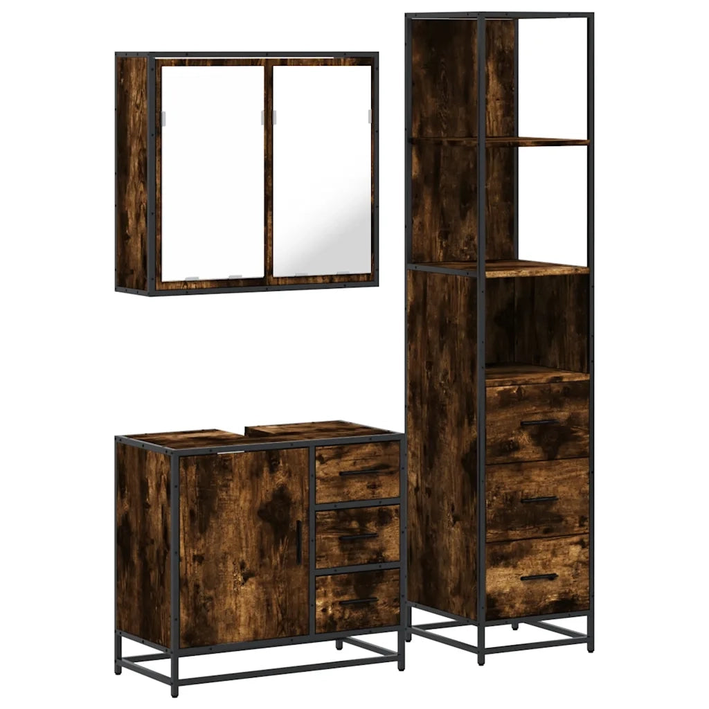Set Mobili da Bagno 3 pz Rovere Fumo in Legno Multistrato