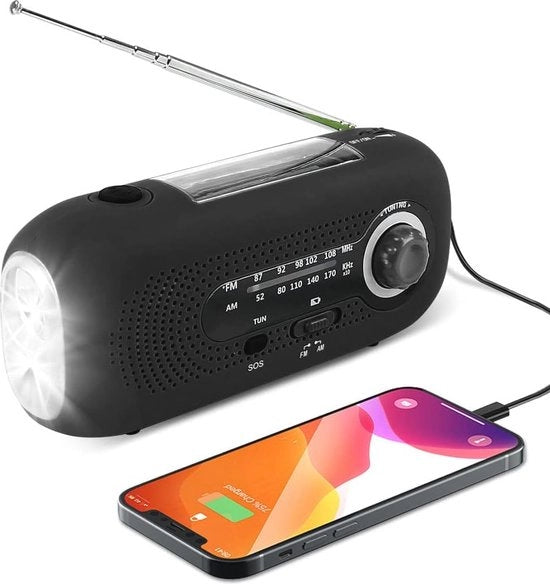 Radio solare con generazione manuale di energia e potente torcia LED - batteria di emergenza 2000 mAh per smartphone