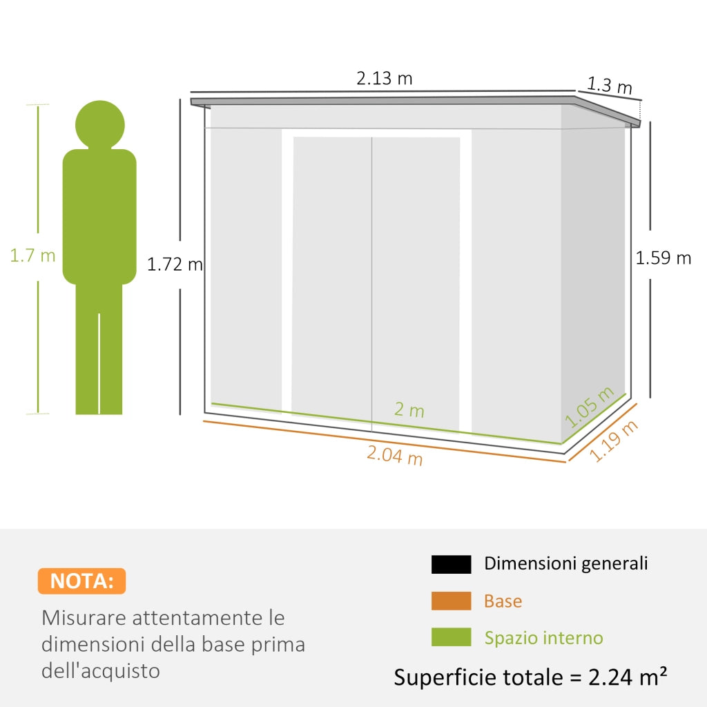 Capanno per Attrezzi in Acciaio con Doppia Porta Scorrevole, Prese d'Aria e Tetto Inclinato, 213x130x172 cm, Verde