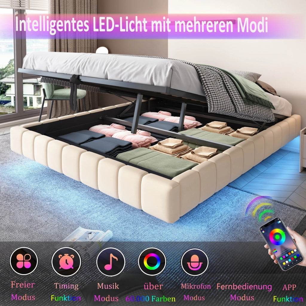 Letto imbottito sospeso 140x200 cm beige con LED e vano contenitore