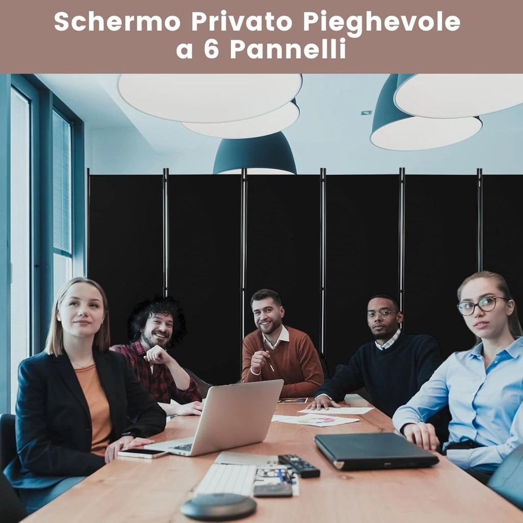 Paravento da Interno in Metallo, Separé Divisorio Interno Pieghevole con Piedini Stabili, Pannelli Divisori per Interni per Casa e Ufficio (Nero, 334,5 x 172 cm (6 Pannelli con ruote))