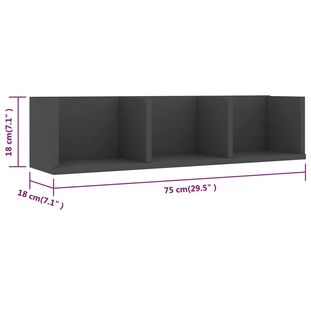 Scaffale Porta CD a Parete Grigio 75x18x18 cm Legno Multistrato 801312