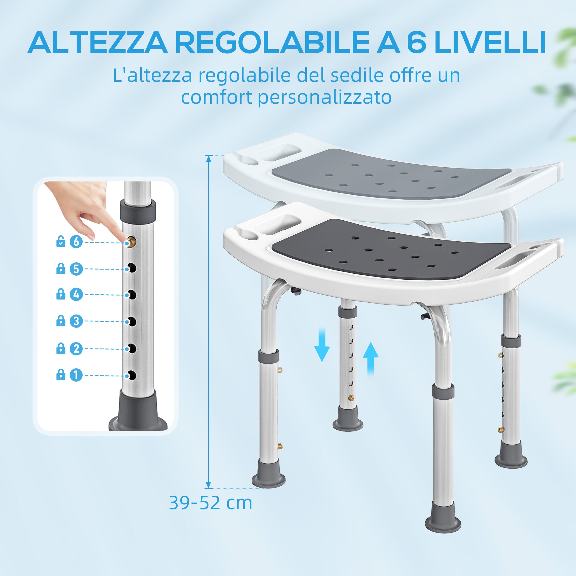 Sgabello da Doccia Altezza Regolabile 6 Livelli 39-52 cm in Lega di Alluminio e Plastica Antiscivolo Grigio