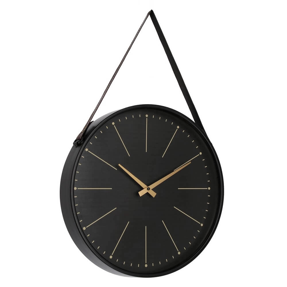 Orologio da Parete Rotondo Nero con Cinghia in Pelle Dorato - SIL