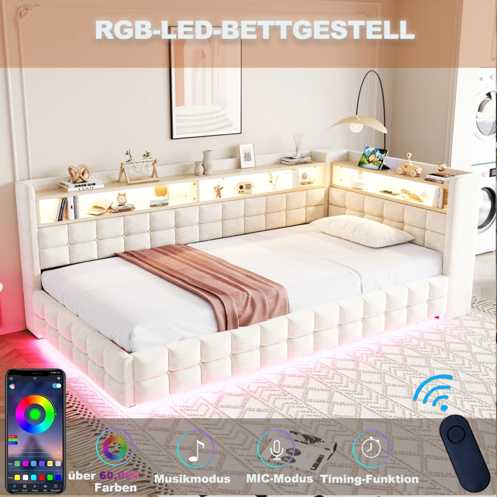 Letto divano 90 × 200 cm con contenitore idraulico, ripiani in legno, LED, USB e Type-C, senza materasso, beige