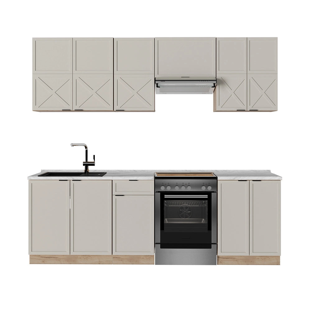 Cucina componibile Fame-Line GrigioBeige/Rovere dorato 240 cm, PL Marmo Vicco