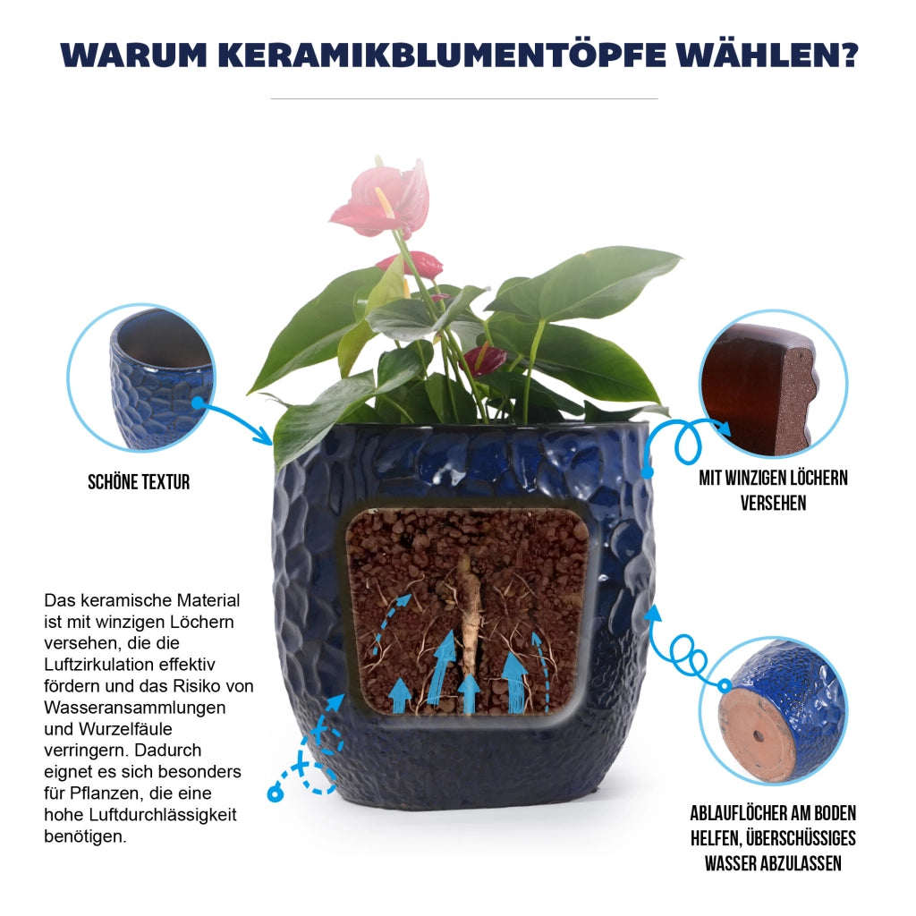 Semenzaio da giardino in ceramica blu navy con rilievo martellato e foro di drenaggio Ø 18 cm