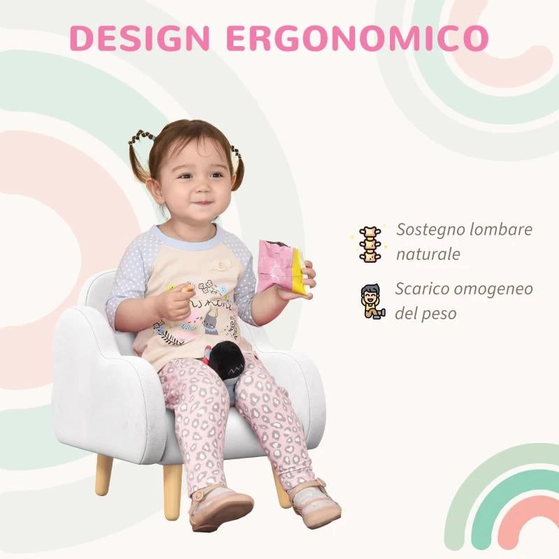 POLTRONA PER BAMBINI IN STILE SCANDINAVO CON BRACCIOLI A NUVOLA IN TESSUTO BIANCO, 46X51X55 CM
