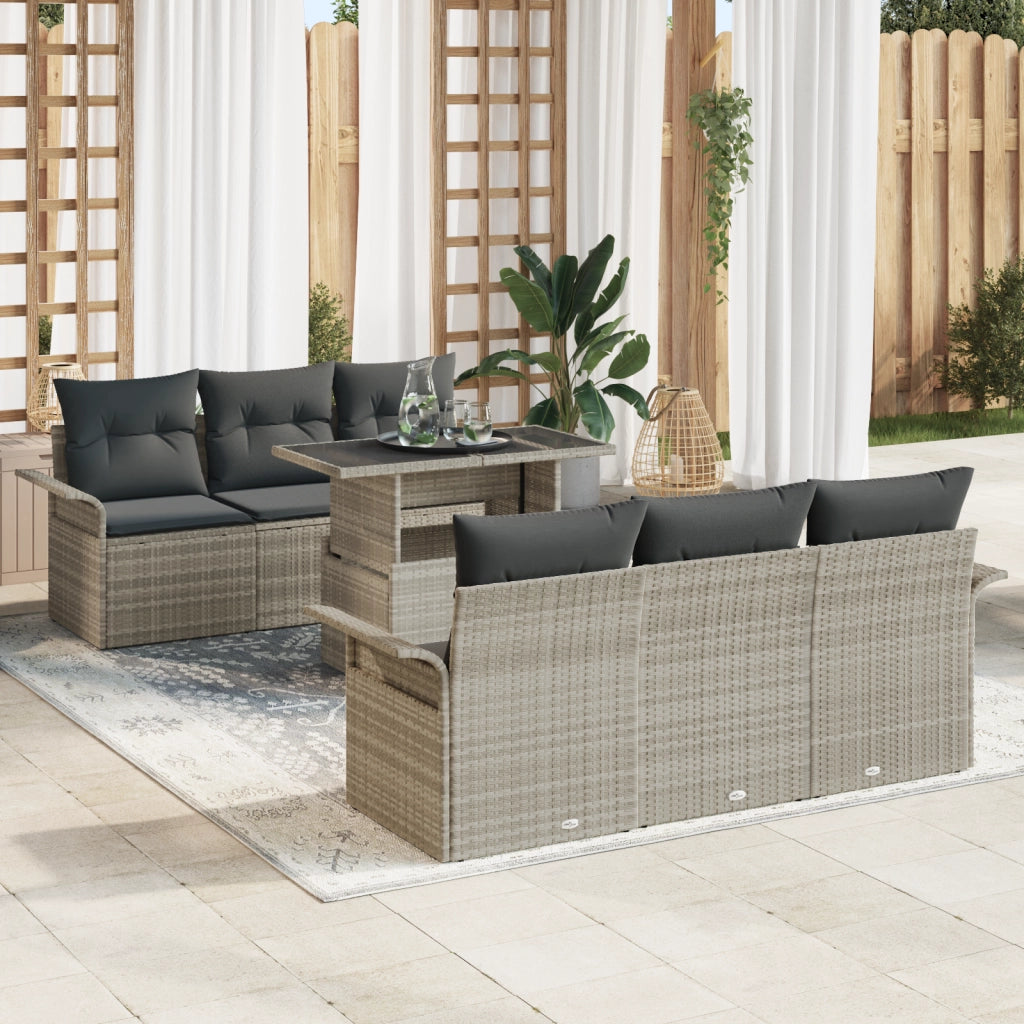Set Divano Giardino  7 Pezzi con Cuscini Grigio Chiaro in Rattan PE