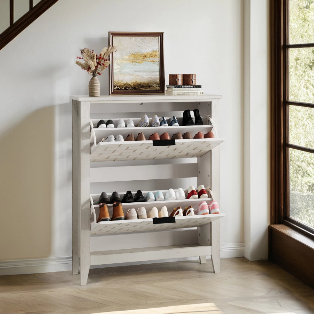 Scarpiera con 2 ante ribaltabili e vano aperto, stile farmhouse, con antiribaltamento, per ingresso, in MDF, bianco
