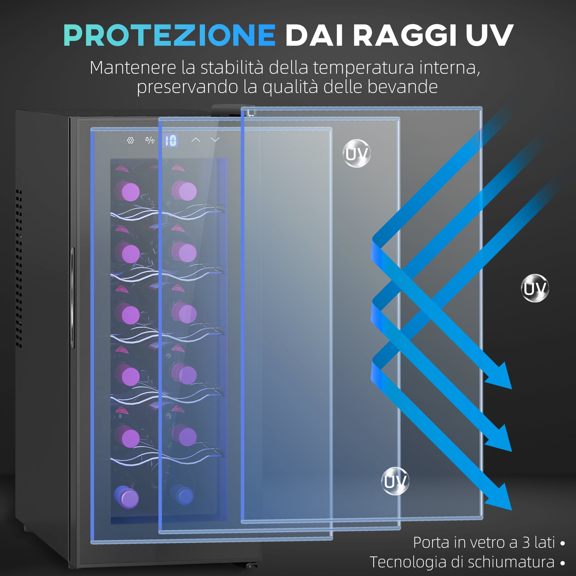 Cantinetta Vino Refrigerata per 12 Bottiglie Doppio Controllo Temperatura Ripiani Regolabili e Luci Nero