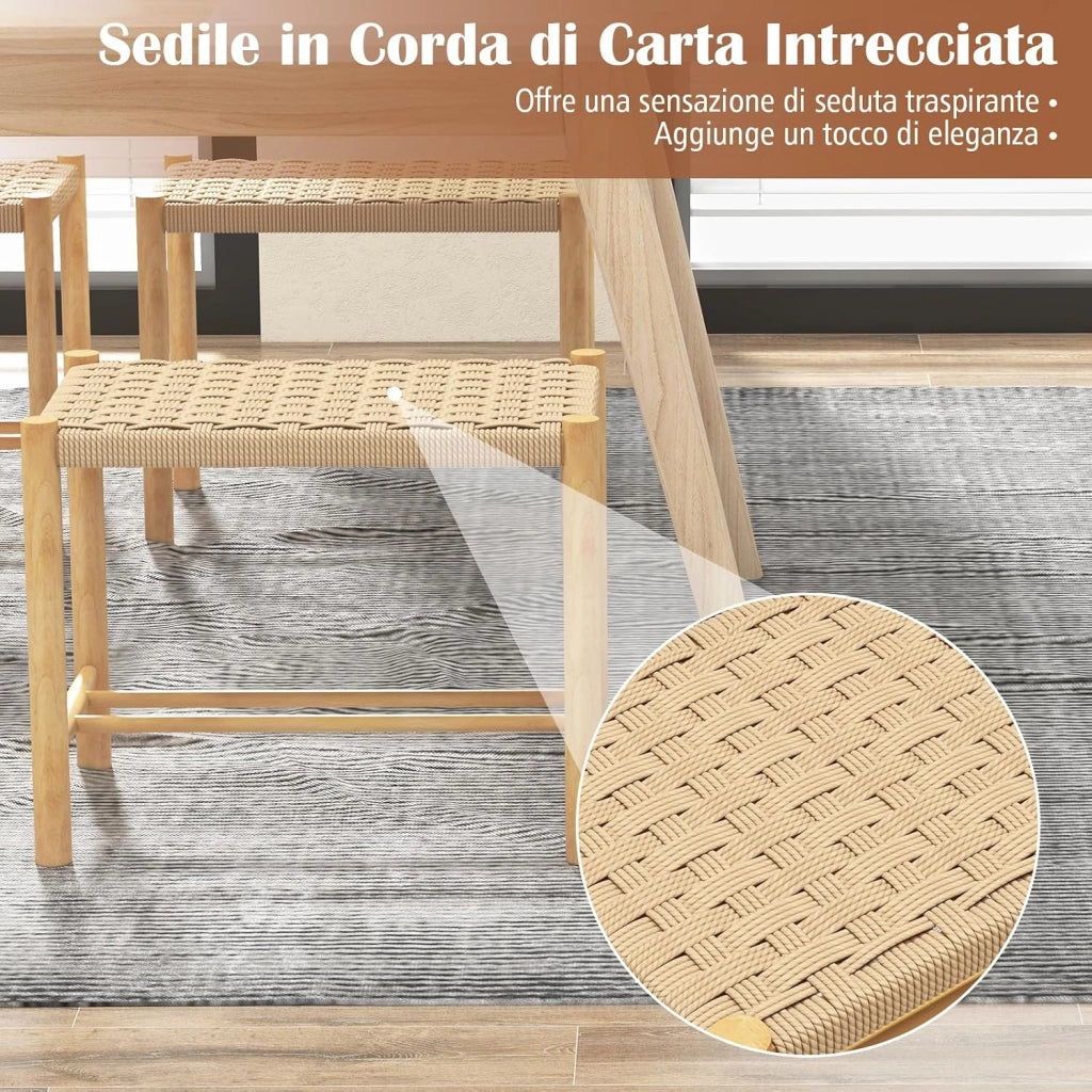 Set di 2 Sgabelli Intrecciata in Carta, Sgaballi Bassi da Soggiorno,Sgaballi Poggipiedi in Legno, Fino a 150 kg, 56 x 36 x 45 cm