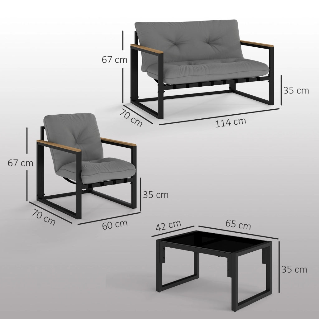 Set Giardino 4 Pezzi con Divanetto 2 Posti, 2 Sedie e Tavolino ¨C zephmum ¨C Grigio Chiaro e Nero, Acciaio e Poliestere