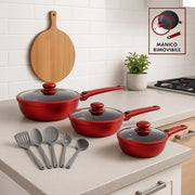 Set Padelle Induzione Pietra Antiaderenti 20 24 28 con Coperchi e Manici Removibili