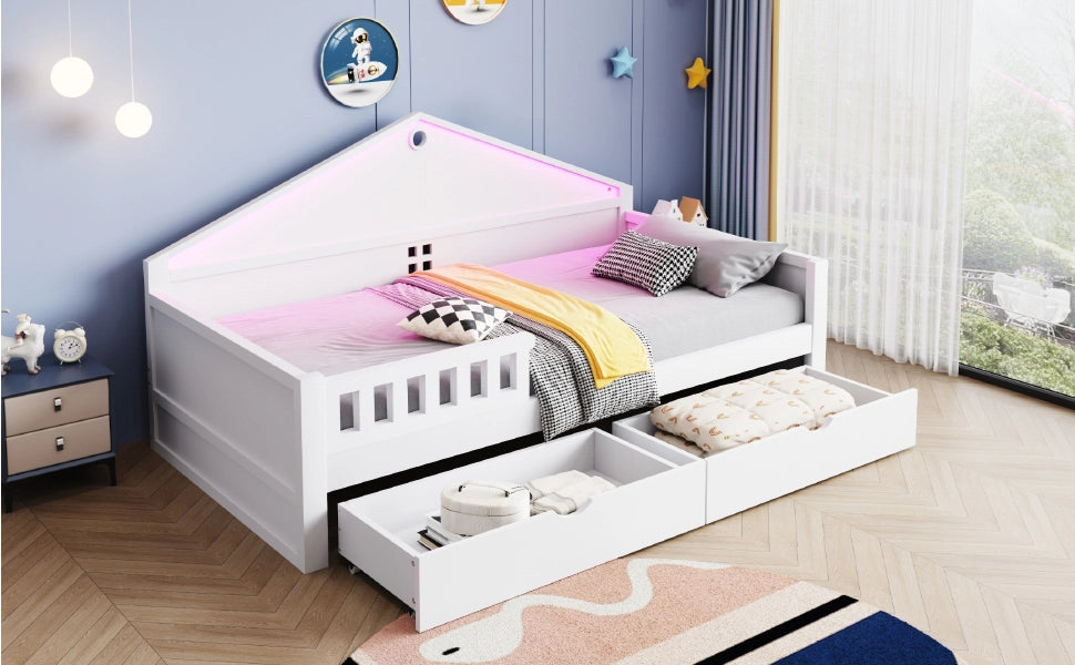 DESMIU Letto singolo 1 posto con 2 cassetti, LED regolabile e contenitore 90 × 200 cm, senza materasso, bianco