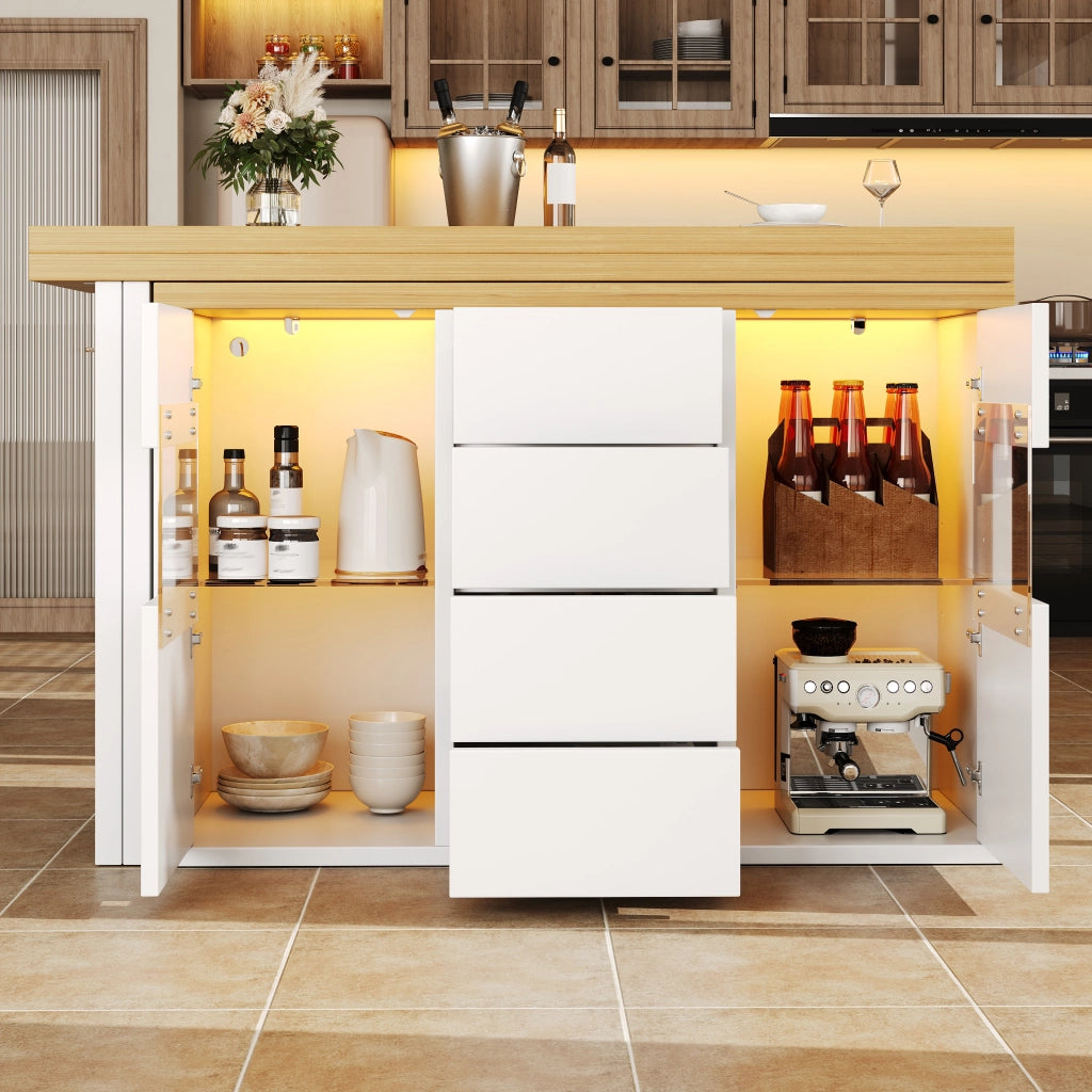 Credenza da cucina girevole a 360°; con 4 cassetti e porte in vetro; LED; per cucina e sala da pranzo