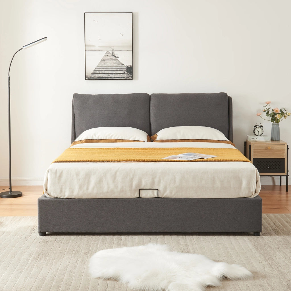 Struttura Letto Francese Lunner 140 x 200 cm con Contenitore e Testiera Imbottita - Grigio Scuro [en.casa]