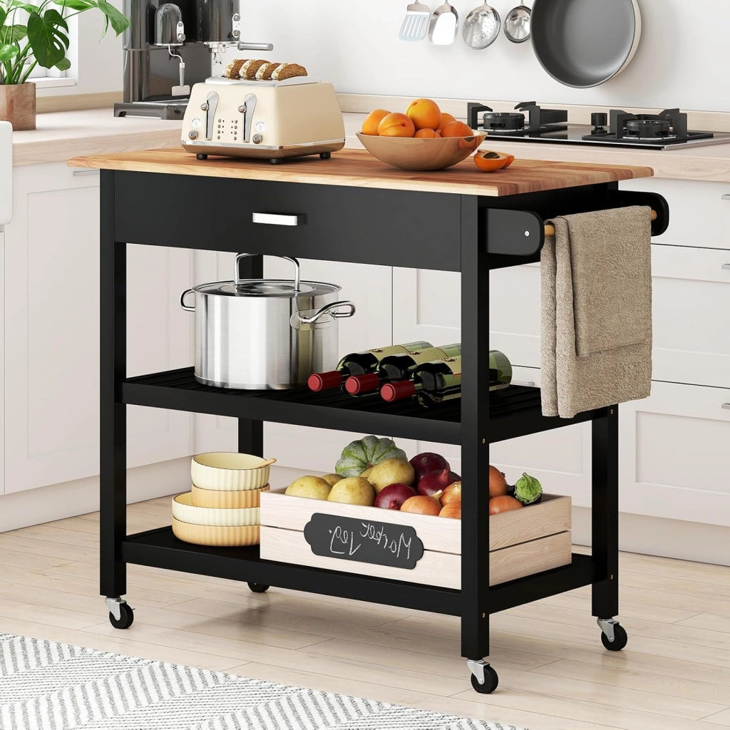 Desserte Cucina, Porta Asciugamani, Piano di Lavoro in Legno di Eva, Carrello con ruote, 1 Cassetto, 2 Ripiani Aperti, Cornice in Legno di Pino, Carrello Cucina per Sala da Pranzo, Nero