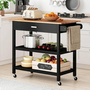 Desserte Cucina, Porta Asciugamani, Piano di Lavoro in Legno di Eva, Carrello con ruote, 1 Cassetto, 2 Ripiani Aperti, Cornice in Legno di Pino, Carrello Cucina per Sala da Pranzo, Nero