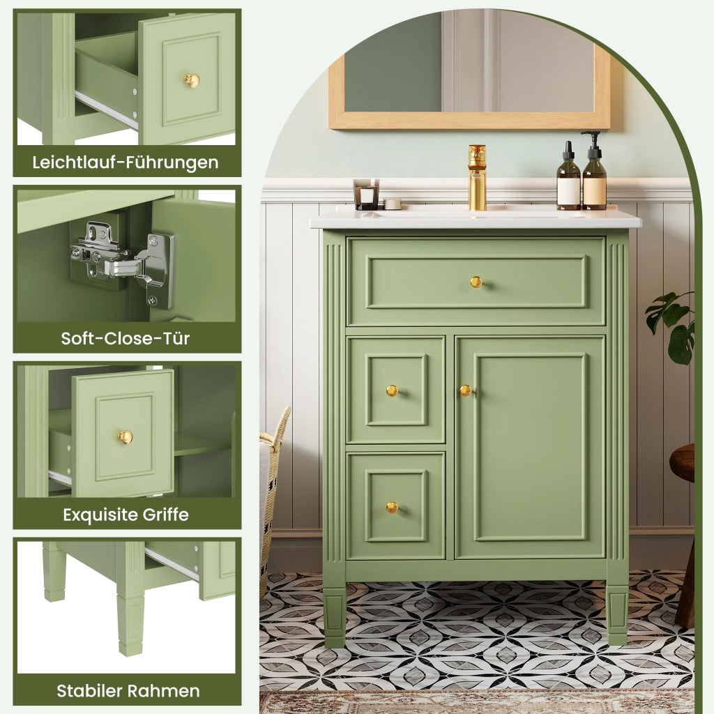 Mobiletto da bagno a terra ¨C Minimal ¨C Verde lucido, 61cm, con cassetti e anta con ripiani