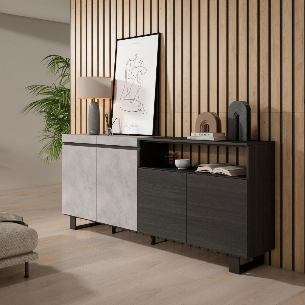 Credenza, Mobile, 200x35x87cm, 4 Porte, Design industriale, grigio cemento RF2412
