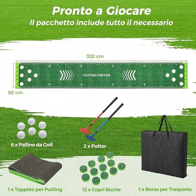 Putting Green, Set Gioco Golf Pong con 2 Putter Regolabili, 6 Palline e 12 Copri Buchi, Tappetino da Golf per Fester, Giardino e Casa, 332 cm x 50 cm