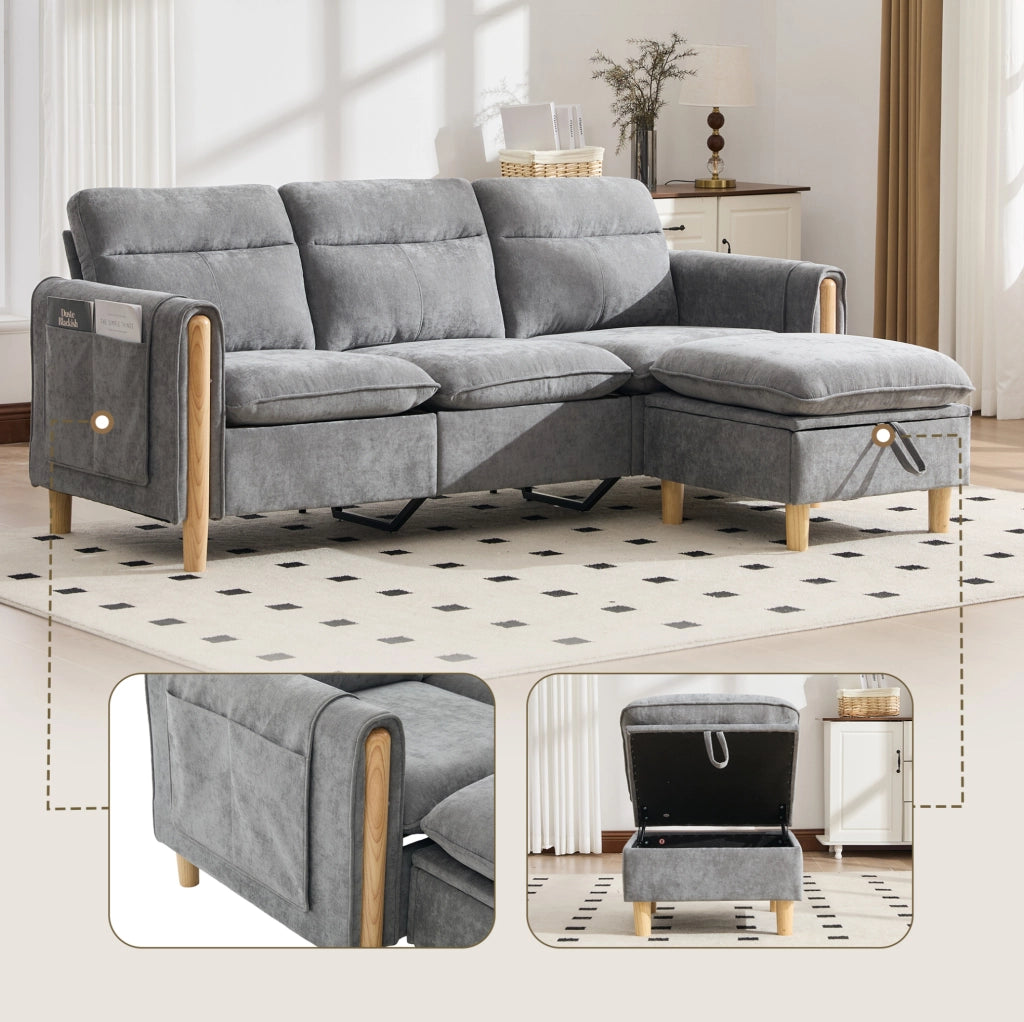 Divano angolare modulare a 3 posti con pouf contenitore; 201x77x86 cm; chenille grigio chiaro