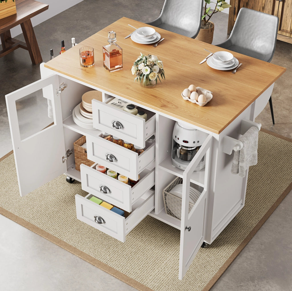 Isola da cucina 137.9x73x92.5 cm con piano pieghevole e ruote in MDF e metallo bianco