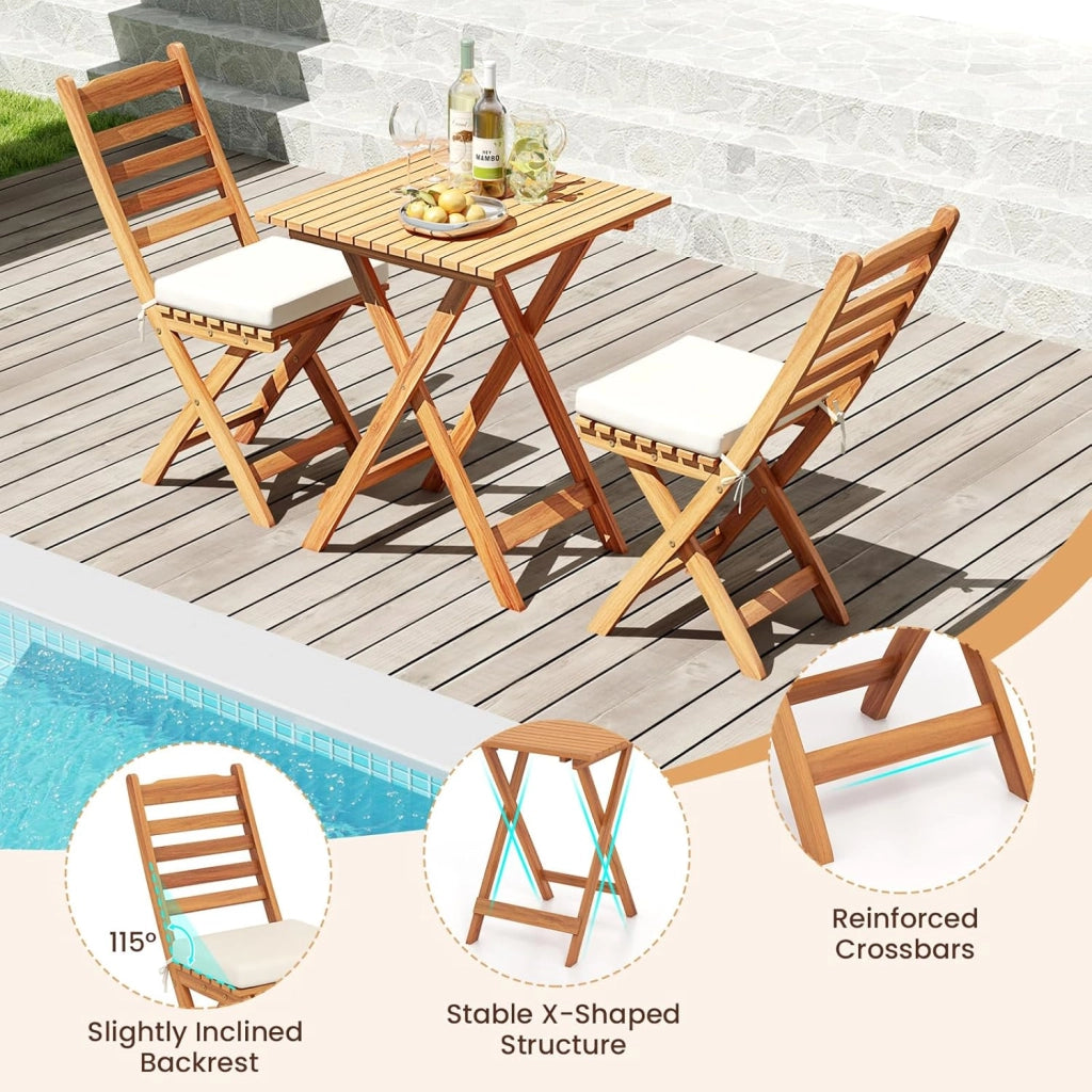 Set da bistrò da 3 pezzi, pieghevole, set da tavolo e 2 sedie in legno di acacia per giardino, set di sedute con cuscini e tavolo quadrato per terreza, balcone (listoni orizzontali)
