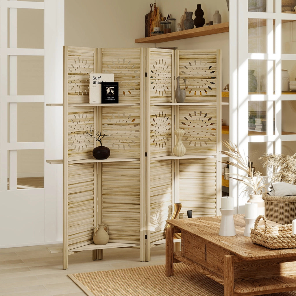 Libreria divisorio 4 pannelli con 3 ripiani ¨C zephmum ¨C legno di paulownia 160x170 cm