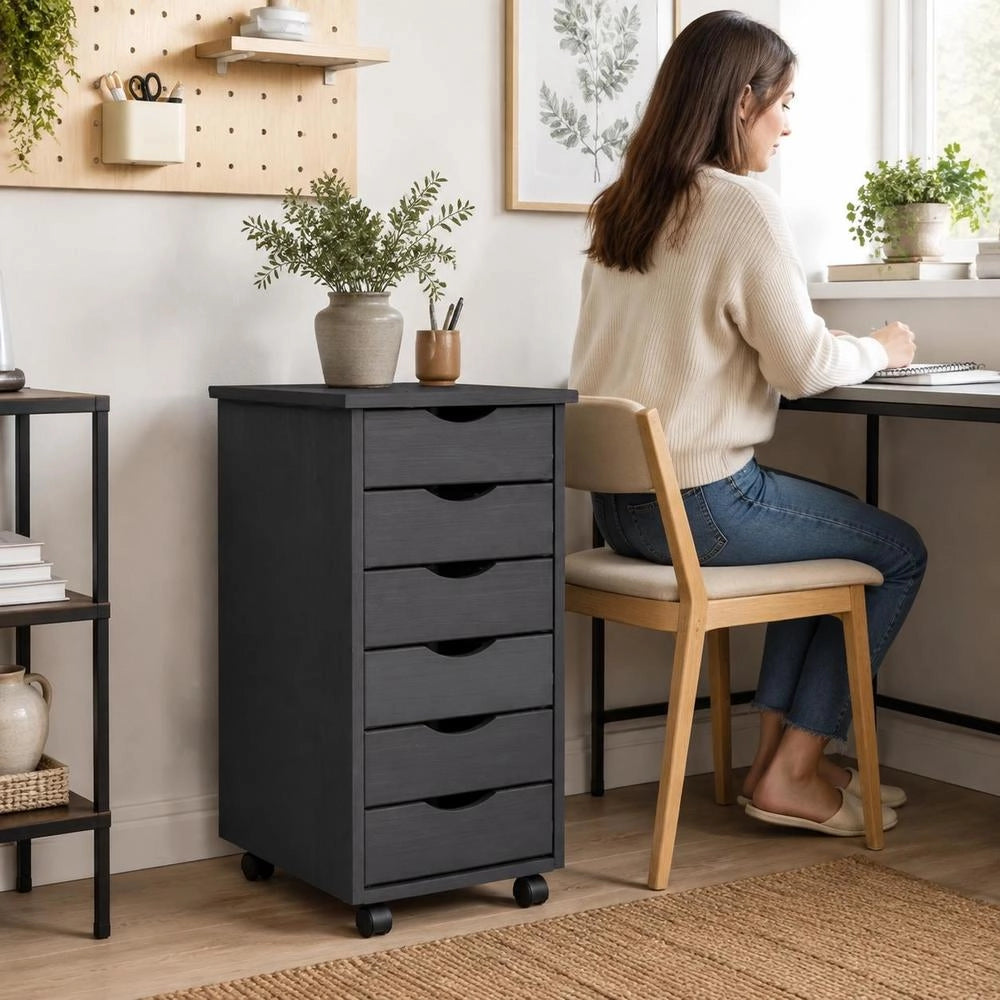 Rolling Cabinet With Drawers MOSS Grey Solid Pine Wood